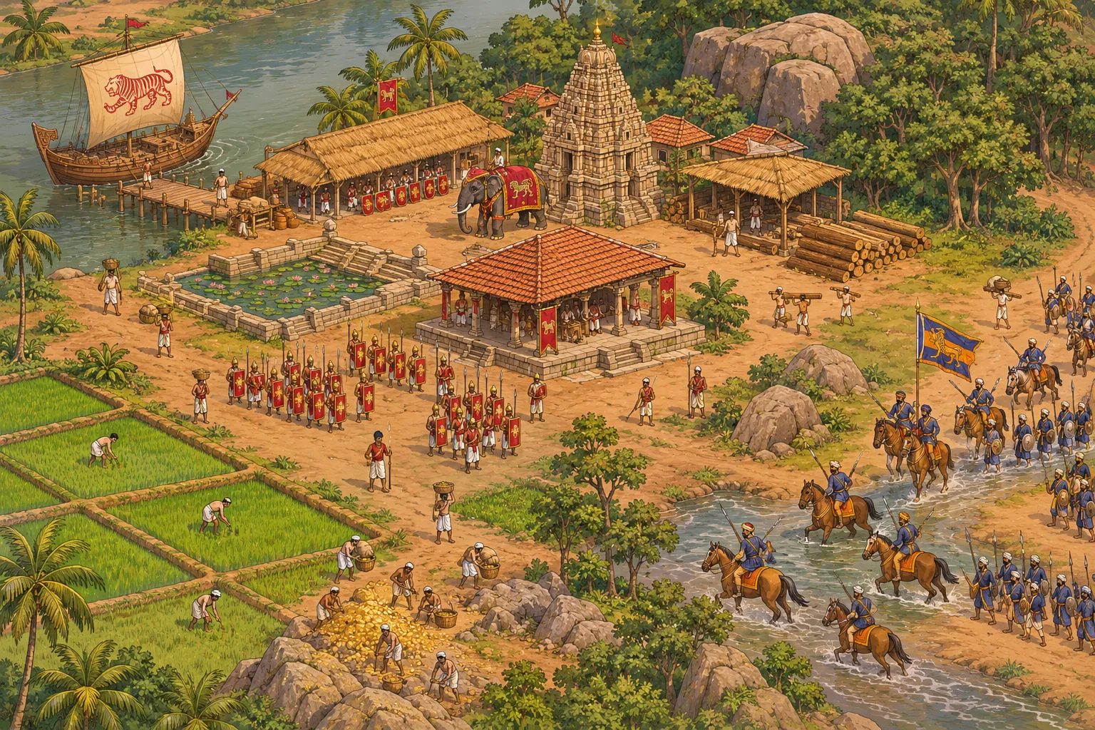 Concept painting of the battlefield: a Chola delta town with rice paddies, workers and infantry, as Chalukya lancers cross a ford.