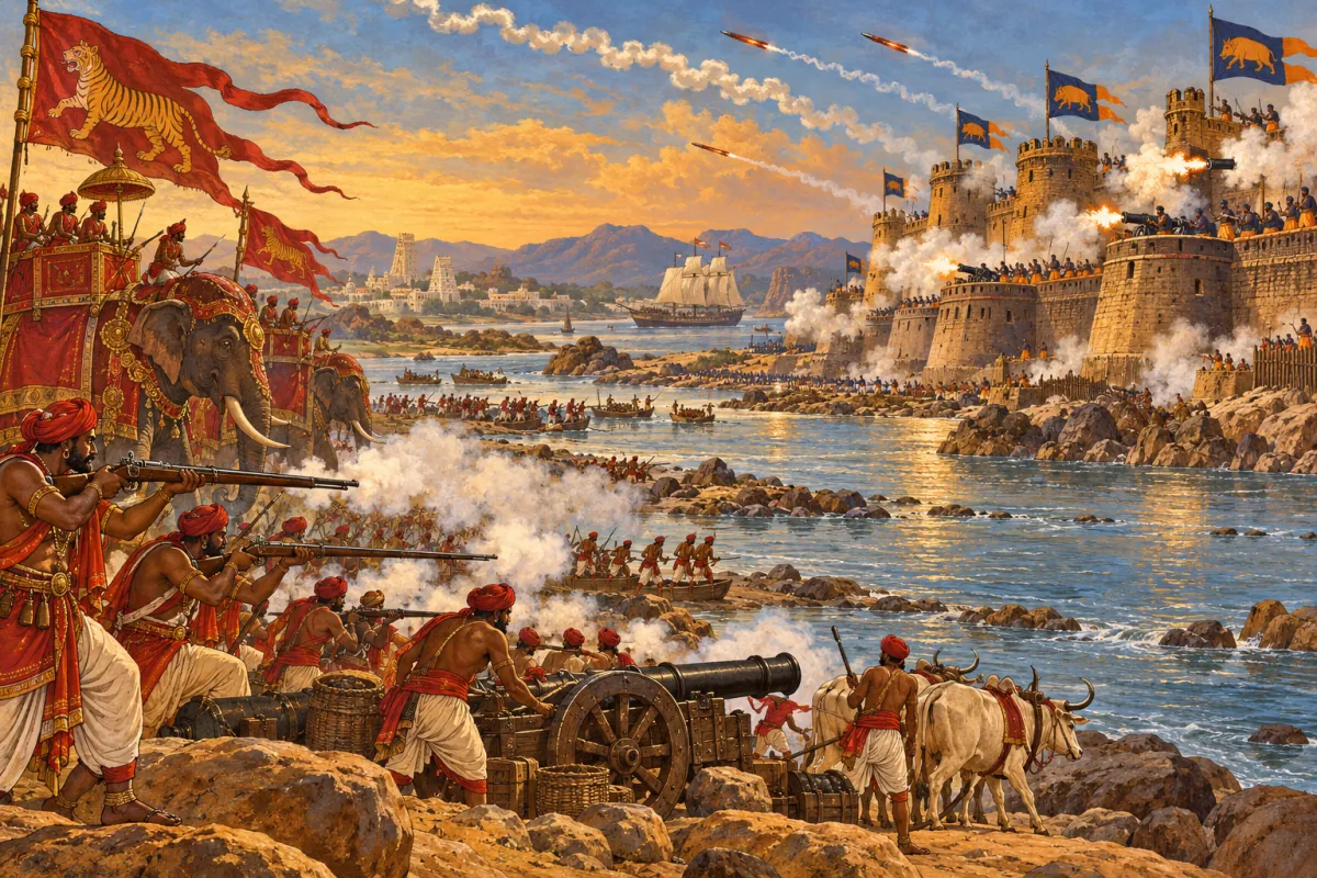 Cannon smoke over a bastioned fort at a river crossing.
