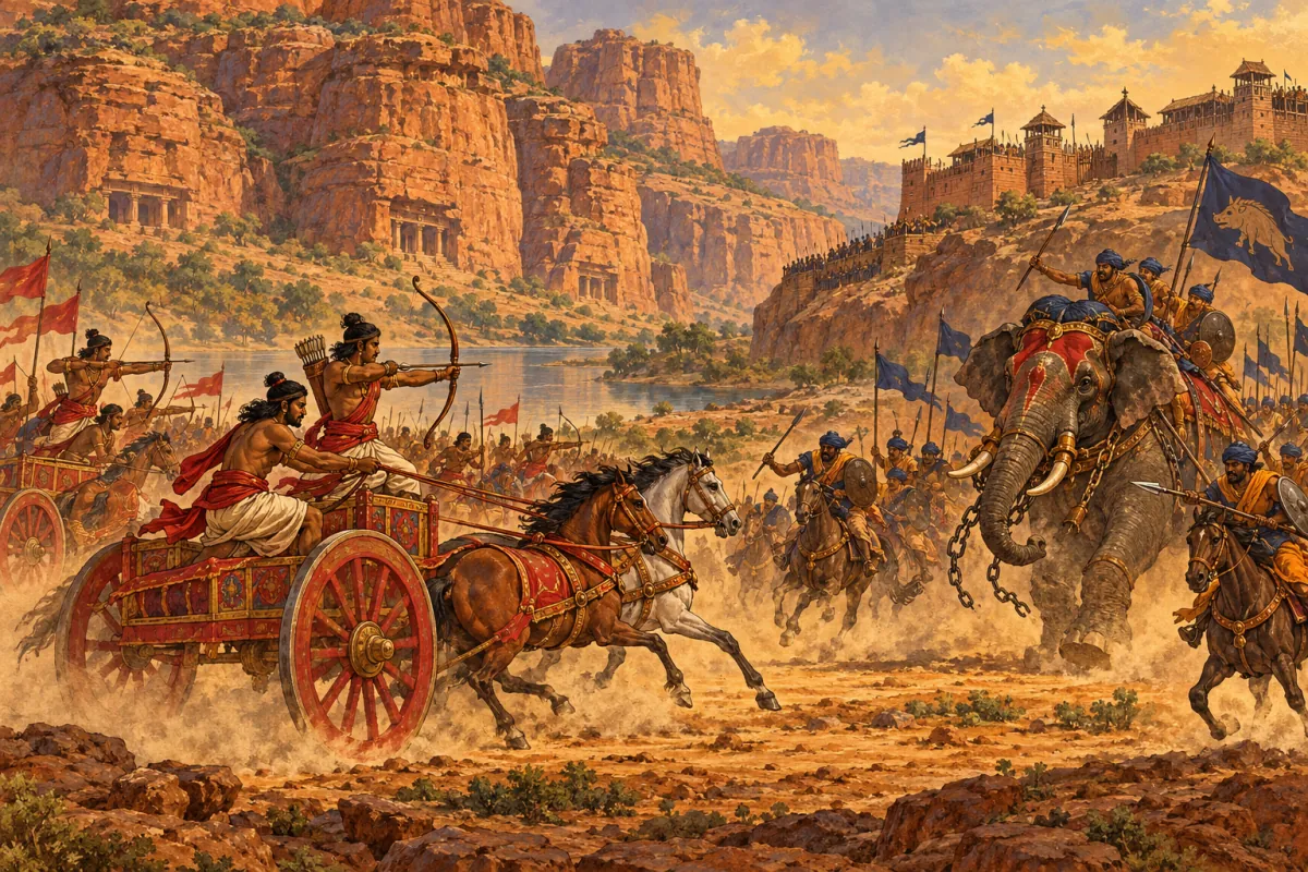 Chariots race beneath red sandstone cliffs as a war elephant charges.