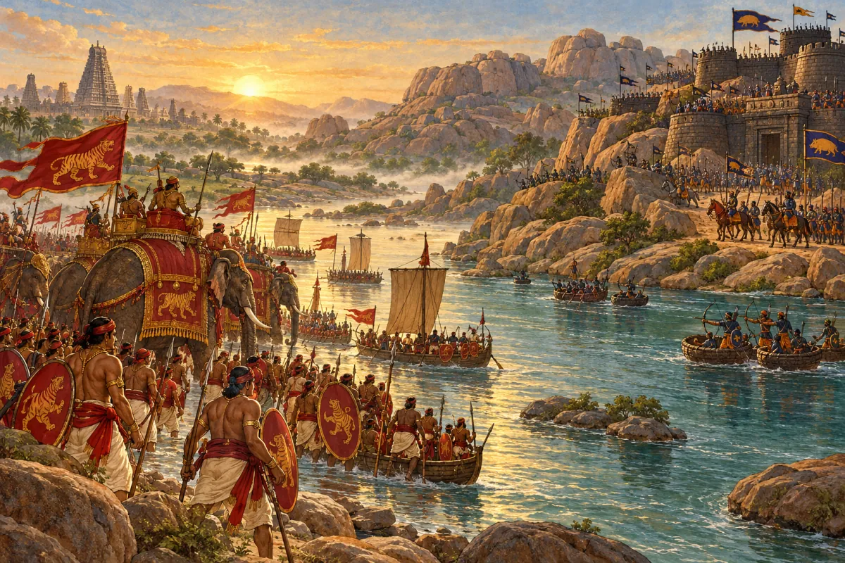 Two armies face each other across a river among granite boulders.