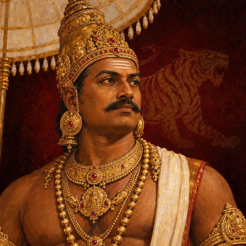 Portrait of Rajaraja I in a tall gold crown.
