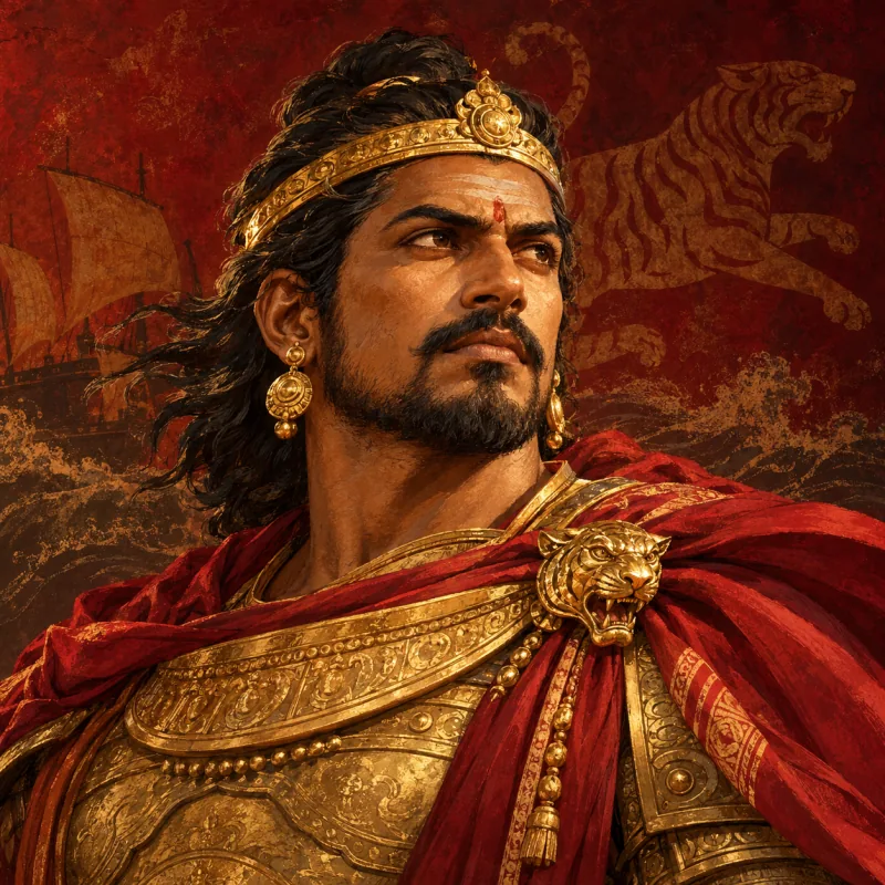 Portrait of Rajendra I in gilded armour.