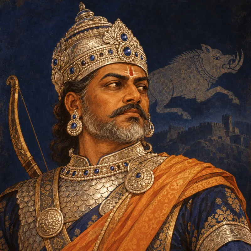 Portrait of Someshvara I in a silver jewelled crown.