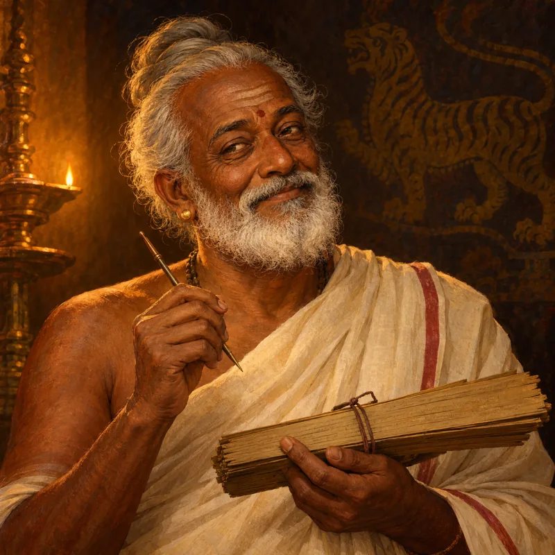 Portrait of Kavi Ilango, an elderly Chola court poet holding palm-leaf pages.