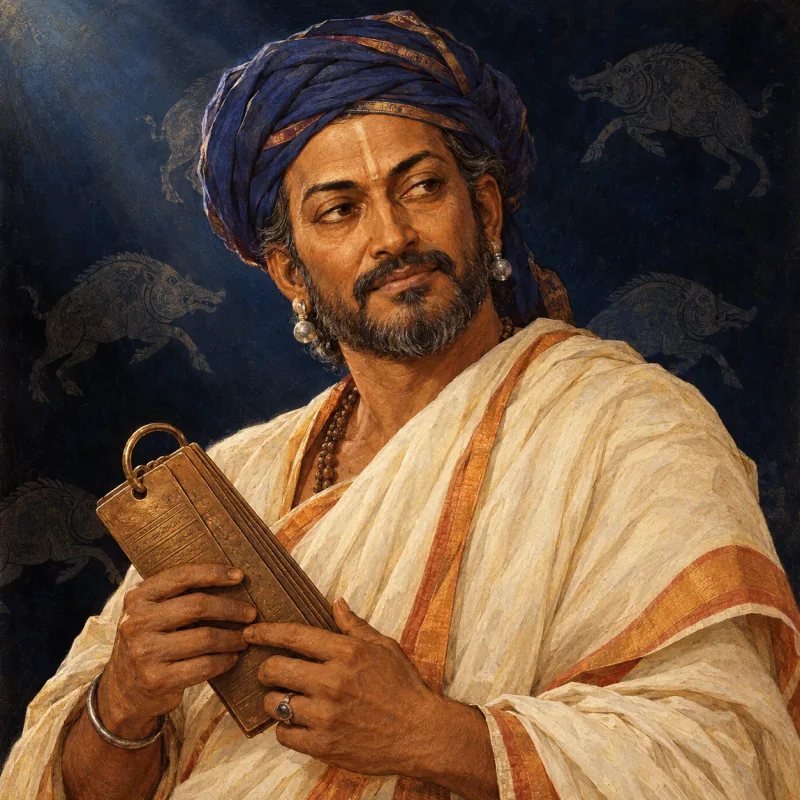 Portrait of Ranna, a Kannada court poet holding copper plates.