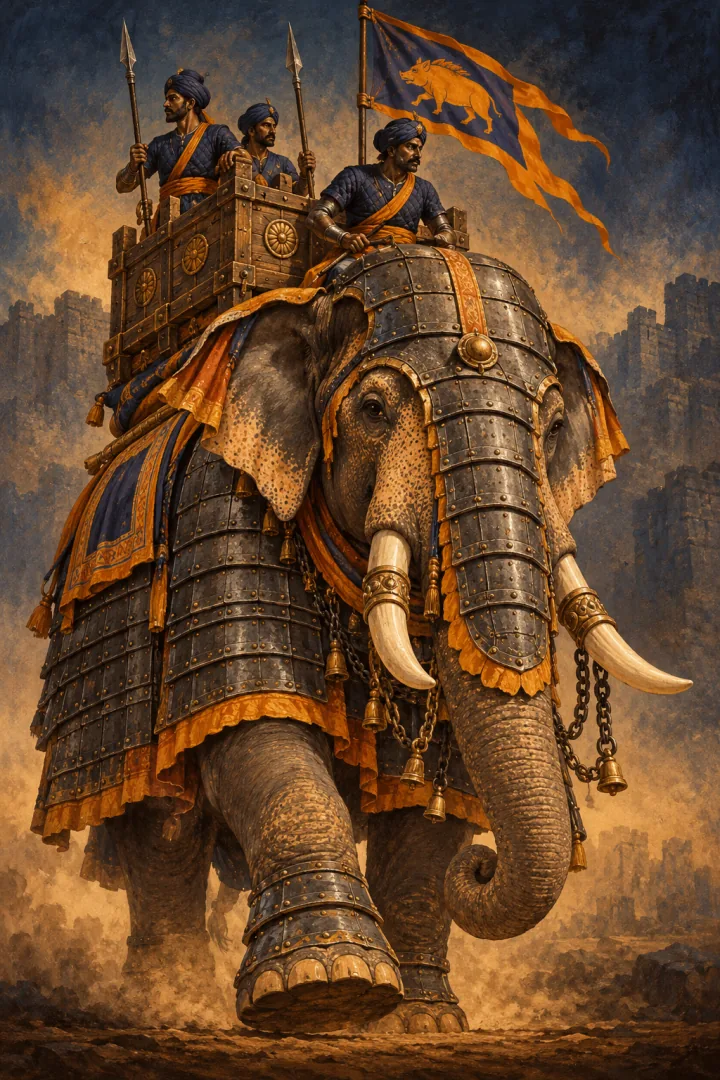 A Chalukya elephant in iron plate armour with a fortified howdah.