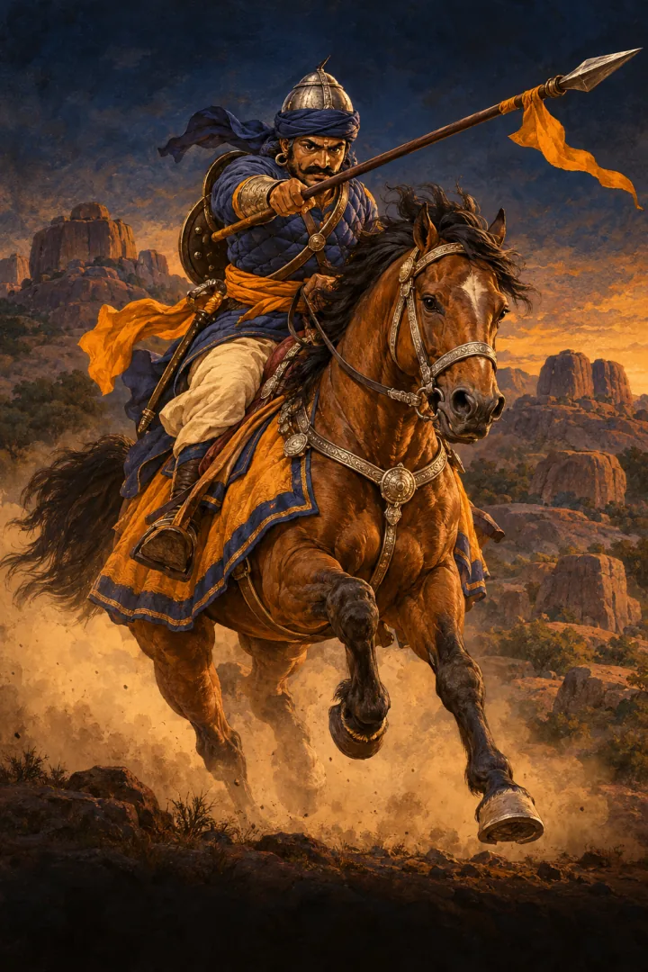 A Chalukya Deccan Lancer charging on a bay horse with a long lance.