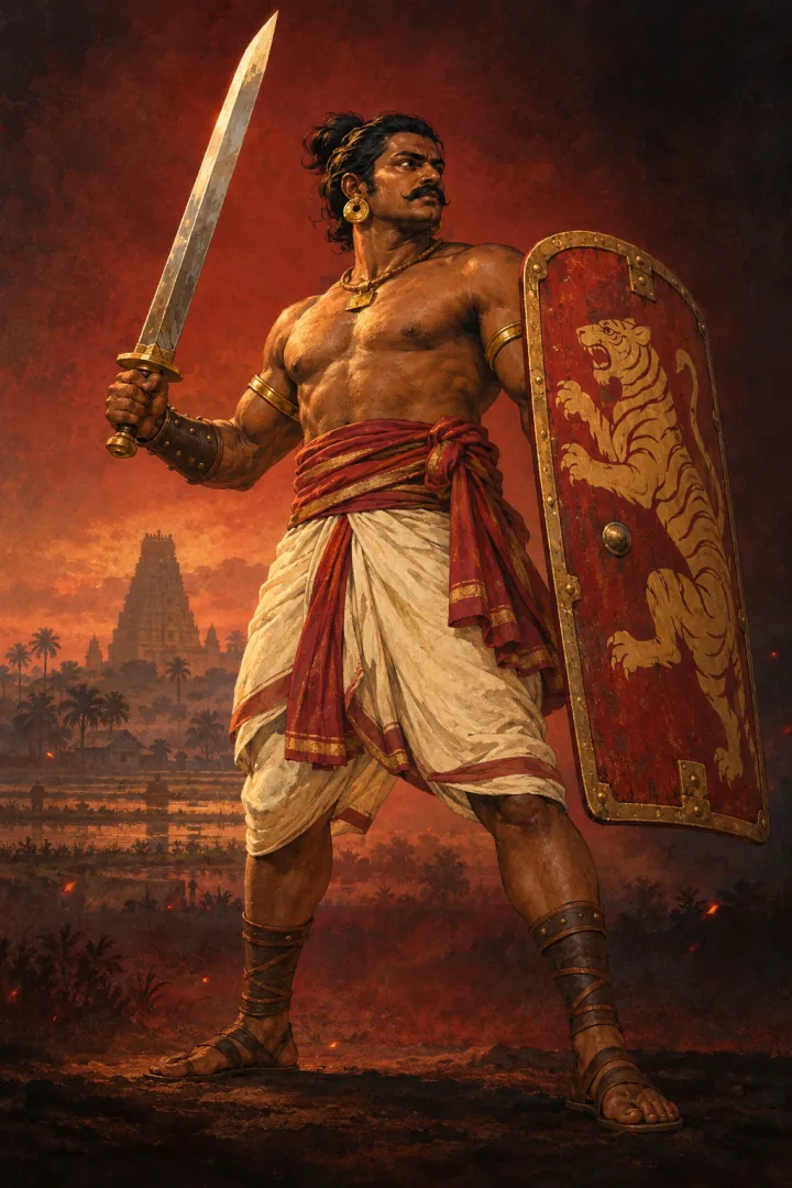A Chola Kaikkolar infantryman with a broad sword and a tall crimson tiger shield.