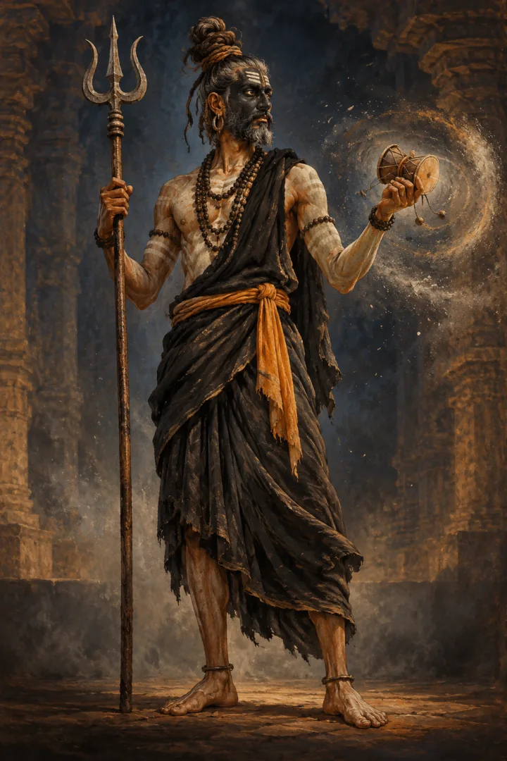 A Kalamukha ascetic, ash-smeared and black-faced, striking a small drum.