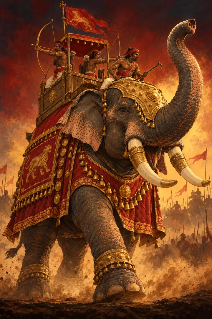 A Chola war elephant in a crimson and gold caparison with archers in its howdah.