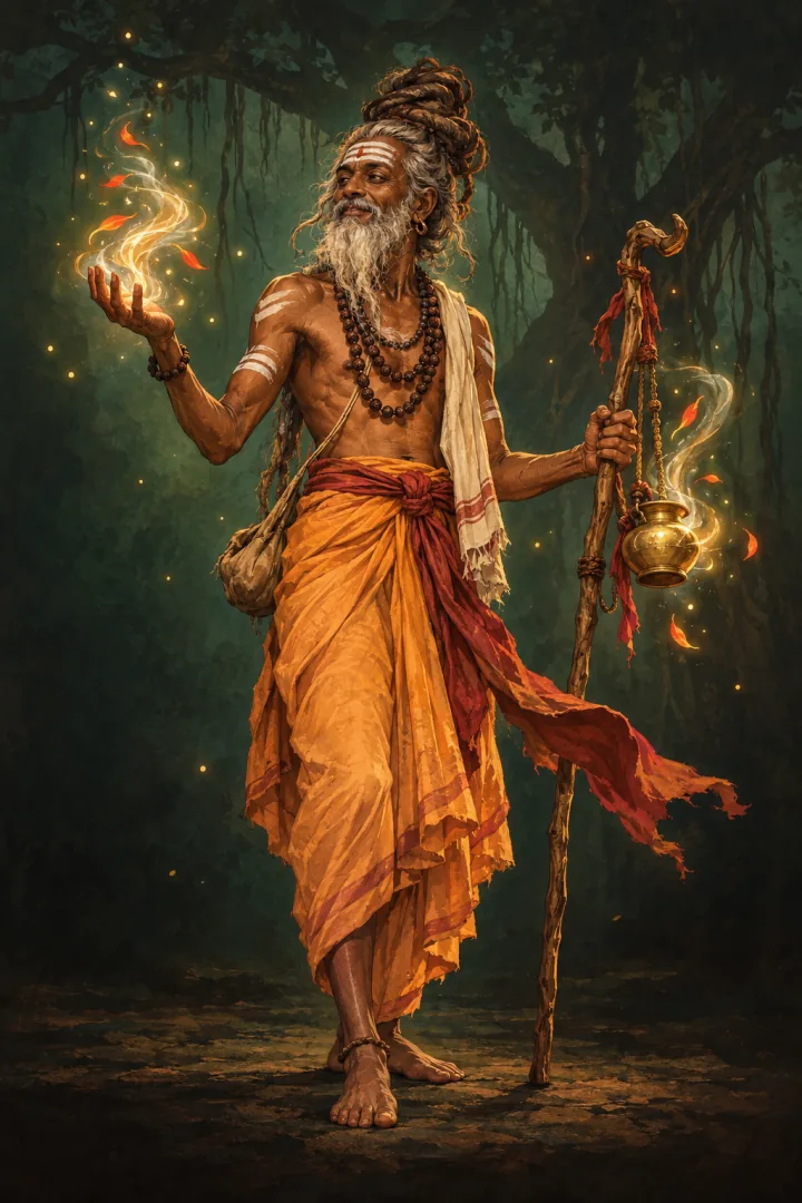 An elderly Siddhar sage with a staff and a glowing brass vessel.